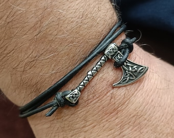 Valentine's Day Gifts Mens Viking Axe Bracelet: Adjustable Leather Wrap Bracelet