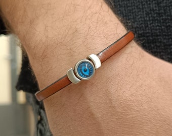 Mens Leather Evil Eye Bracelet: Silver Plated Magnetic Clasp