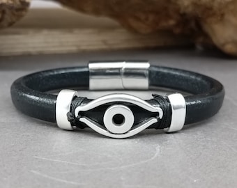 Men's Black Leather Evil Eye Bracelet: Silver Plated Magnetic Cuff