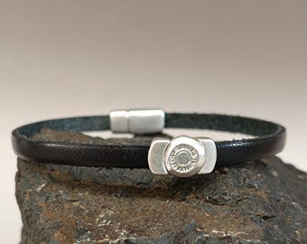 Mens Leather Bracelet: Geometric Silver Motif, Customized Unisex Jewelry