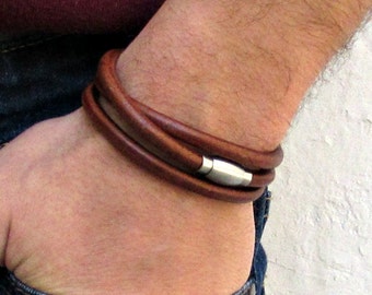 Mens Leather Wrap Bracelet Cuff, Silver Stainless Steel Mens cord Bracelet Boyfriend Gift, Husband Gift, Customized To Your Wrist
