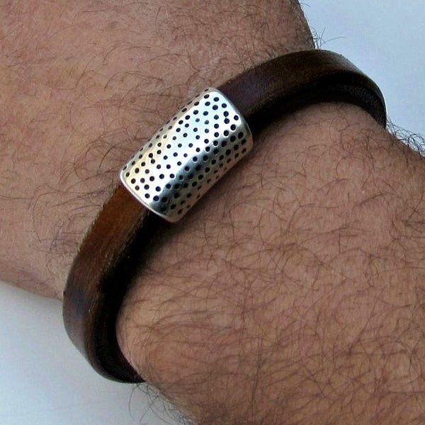 Men Leather Bracelet Leather Mens Bracelet Cuff Brown Black Silver Plated Magnetic Clasp Customized On Your Wrist Fathers day gift