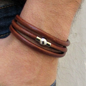 Mens Brown Leather Wrap Bracelet: Silver Clasp, Custom Wrist Size