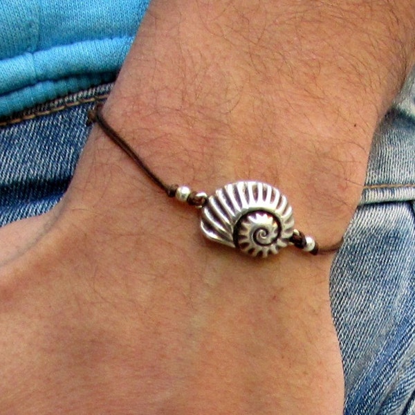 Nautilus Shell, pulsera unisex, plata espiral Shell encanto, pulsera de cordón para los hombres, regalo para él, ella, joyería unisex, ajustable