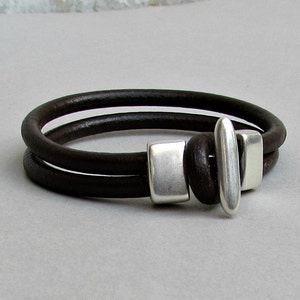 Mens Leather Bracelet Leather Men Bracelet Cuff  Brown Black Antique Silver Plated Customized On Your WristFathers day gift