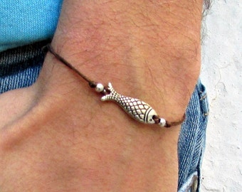 Fish Bracelet, Men's Bracelet, Silver Fish Charm, Cord Bracelet For Men, Gift for him, Fisherman Bracelet, mens jewelry, Adjustable