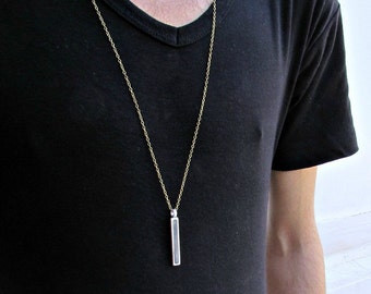 Men&#39;s Silver Bar Necklace: Enamel Pendant, Long Chain