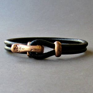 Nautical Hook Mens Bracelet, Antique Copper Leather Bracelet, Antique Silver Plated, Rustic Mens Bracelet Customized On Your Wrist