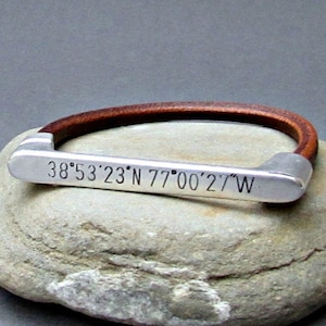 Hand-Engraved GPS Coordinates Leather Bracelet - Personalized Silver Clasp