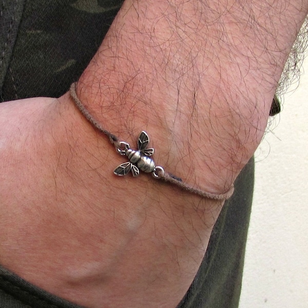Bee Bracelet, Silver Bee Charm, Cord Bracelet For Men, Elastic Bracelet, Bestfriend Bracelet, Adjustable  6 - 9 1/2 Inches