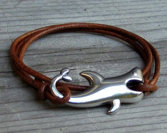 Shark Leather Bracelet, Boho Mens Bracelet, Surfer wrap Bracelet, Adjustable
