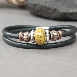 Boho Leather Double Wrap Bracelet: Porcelain Beaded Mens Jewelry