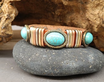 Mens Turquoise Leather Bracelet, Boho Cuff, Custom Size