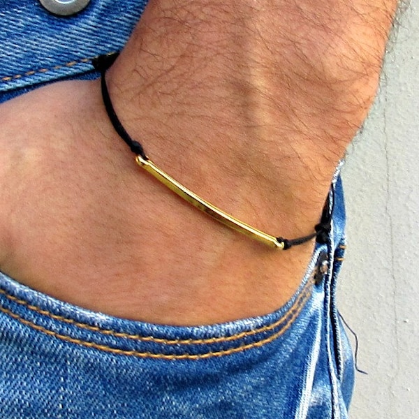 Men's Hammered Bar Bracelet, Silver, Gold, Cord Bracelet For Men, gift for him, Boyfriend Gift, Mens Jewelry Adjustable