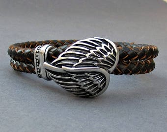 Engelsflügel geflochtenes Lederarmband, Edelstahl Armreif, individuell