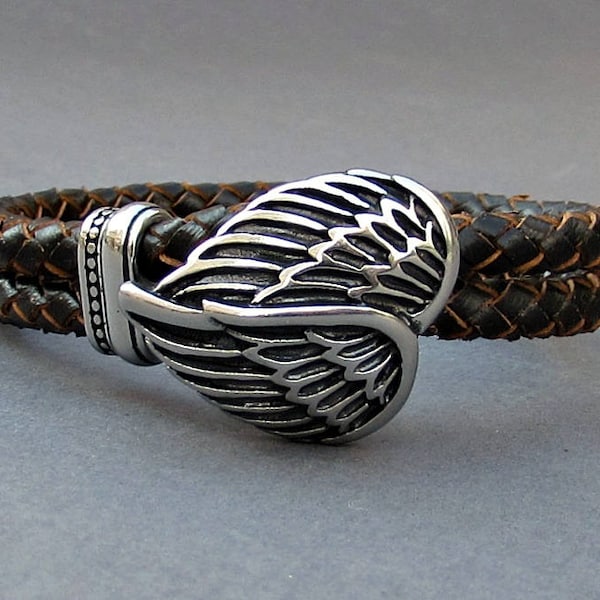 Angel Wings Braided Leather Bracelet, Mens Stainless Steel Leather bracelet Cuff Gift For Men Customized On Your WristFathers day gift