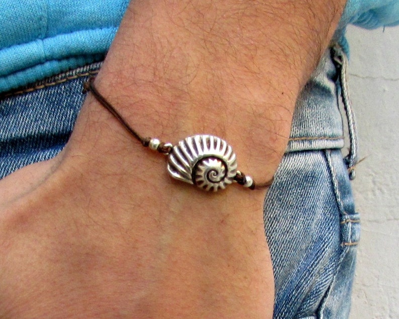 Nautilus Shell, Unisex Bracelet, Silver Spiral Shell Charm, Cord Bracelet For Men, Gift for him, her, Unisex Jewelry, Adjustable image 1