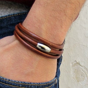 Mens Brown Leather Wrap Bracelet: Stainless Steel Clasp