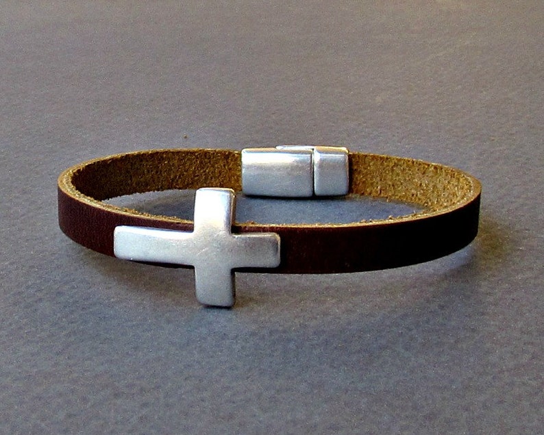 Cross Mens Leather Bracelet Cuff Dainty Silver Unisex Bracelet - Etsy