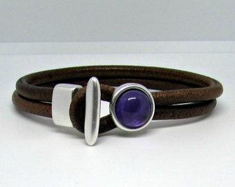 Amethyst Bracelet, Gemstone Mens Leather Bracelet Purple Amethyst Bracelet Boyfriend Gift Mens Jewelry customized to your wrist