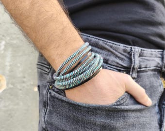 Boho Multi-Wrap Bracelet: Leather & Cotton Cord, Ocean Color Jewelry