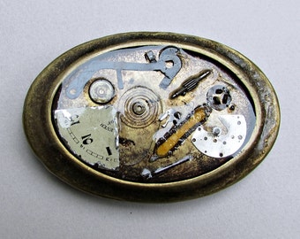 Belt Buckle, Watch Parts, Steampunk, Oval, Antique Brass Oxidation, 6cm x 9cm , Industrial Statement, Men, Women, Gift