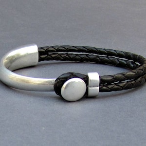 Braided Black Leather Bracelet for Men: Silver Plated Clasp