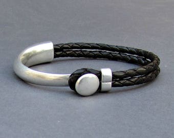 Braided Leather Bracelet, braided, bracelet For Men, Black Brown Leather Mens Bracelet, Silver Plated Customized On Your Wrist