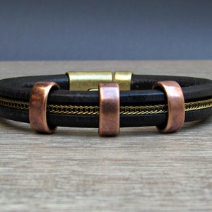 Mens Leather Chain Bracelet, Copper Bronze Leather Mens  Bracelet Cuff, Bracelet For Men, Silver Plating Customized On Your Wrist