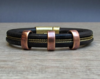 Pulsera de cuero para hombre: cadena de bronce y cobre, baño de plata, pulsera personalizada.