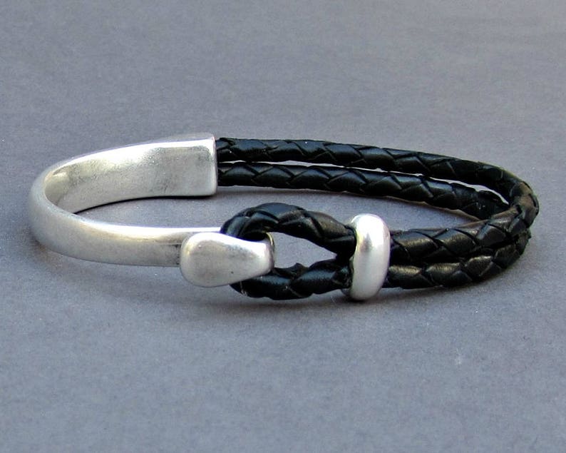 Braided Leather Bracelet, braided, Men Bracelet, Leather Bracelet, Black Brown Leather Mens Bracelet, Silver Plated Customized On Your Wrist image 2