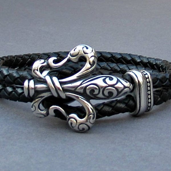 Fleur De Lis, Mens Braided Leather Bracelet, Stainless Steel Leather bracelet Cuff Gift For Men Customized On Your Wrist