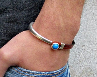 Mens Leather Bracelet Mens Gemstone Silver Bracelet Eye Tiger, onyx, Sodalite, Snow Flake, Agate, Aventurine, Haolite, Unakite, Carnelian