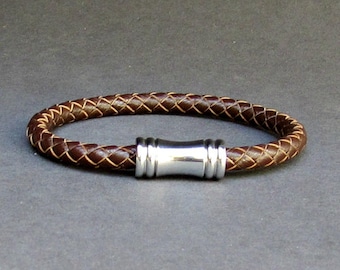Mens Titanium Stainless Steel Leather bracelet, Braided Leather Bracelet, Cuff Gift For Men Customized On Your Wrist Fathers day gift
