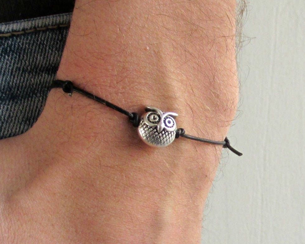 Owl Men s Bracelet Silver Owl Charm Leather Bracelet for Men Gift for Him Bestfriend Bracelet Mens Jewelry Adjustable Etsy UK