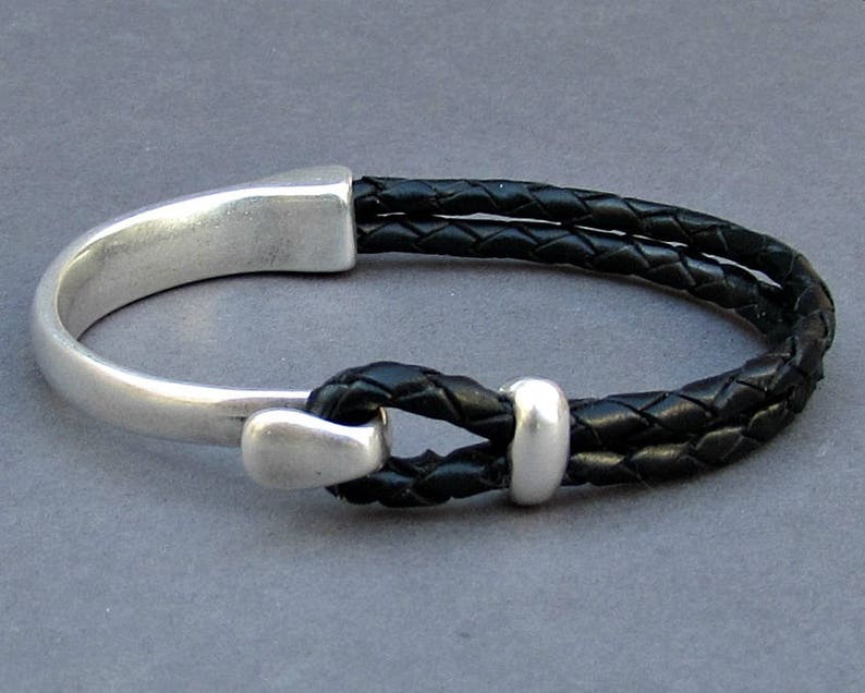 Braided Leather Bracelet, braided, Men Bracelet, Leather Bracelet, Black Brown Leather Mens Bracelet, Silver Plated Customized On Your Wrist image 4