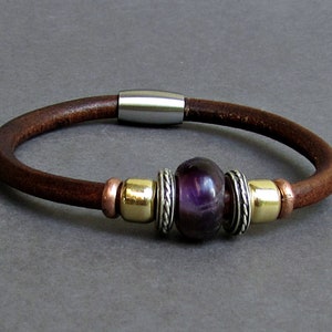 Amethyst Leather Bracelet: Beaded Gemstone, Silver Plated, Custom Wrist Size