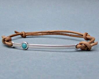 Gemstone, Silver Bar Bracelet, Mens, Unisex Leather Cord Bracelet His And Hers Silver Dainty Bracelet Adjustable