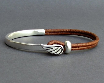 Angel Wing Mens Bracelet, Leather Mens Bracelet, Silver Plated, Mens Valentine&#39;s Gift, Customized On Your Wrist