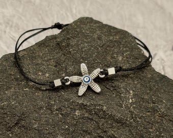 Starfish Evil Eye Bracelet: Adjustable Nautical Cord Bracelet
