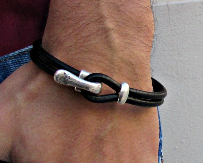 Silver Hook Mens Bracelet, Leather Bracelet, Antique Silver Plated, Rustic Mens Bracelet, Mens Valentine's Gift, Customized On Your Wrist image 2