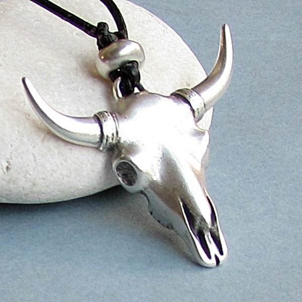 Bull Head Mens Silver Necklace Pendant Gunmetal Long Leather Horns Necklace Pendant Adjustable