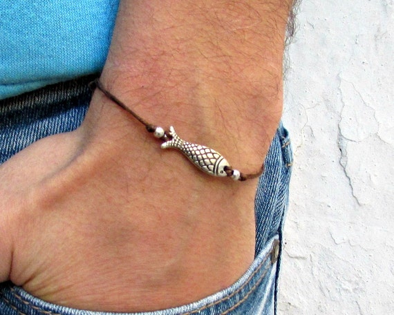 Fish Bracelet, Men's Bracelet, Silver Fish Charm, Cord Bracelet