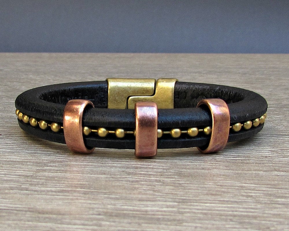 Mens Leather Bracelet Copper Bronze Leather Mens Chain Etsy