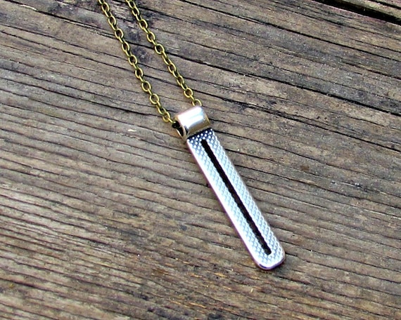 Men's Silver Plated Bar Necklace: Long Pendant, Bronze Chain