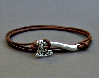 Celtic Axe Bracelet Mens Leather Wrap Boho Bracelet Unisex Leather Bracelet Adjustable