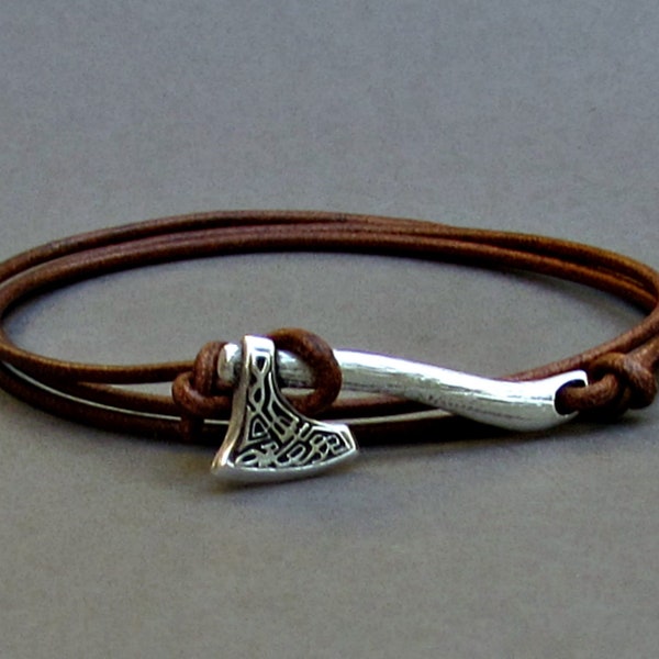 Celtic Axe Leather Bracelet: Unisex Boho Wrap, Adjustable