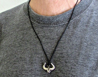 Men's Bull Head Necklace, Pendant, Men's Silver Leather Necklace Pendant, Mens Jewelry Mens Gift