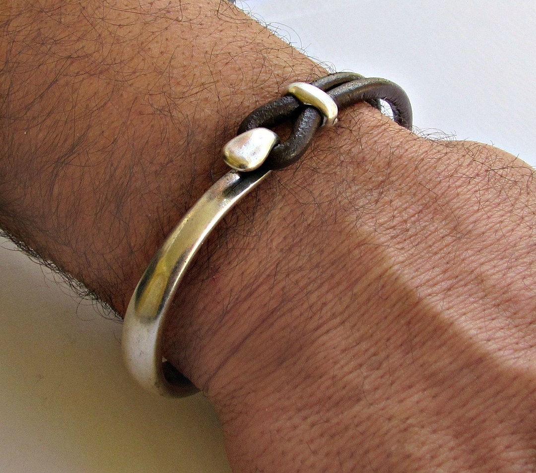 Mens Sterling Silver 925 Bracelet Leather Black Brown Mens