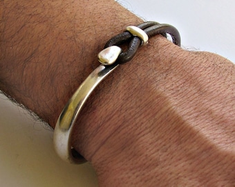 Mens Sterling Silver 925 Bracelet Leather, Black, Brown Mens Leather Bracelet, Customized on your wrist